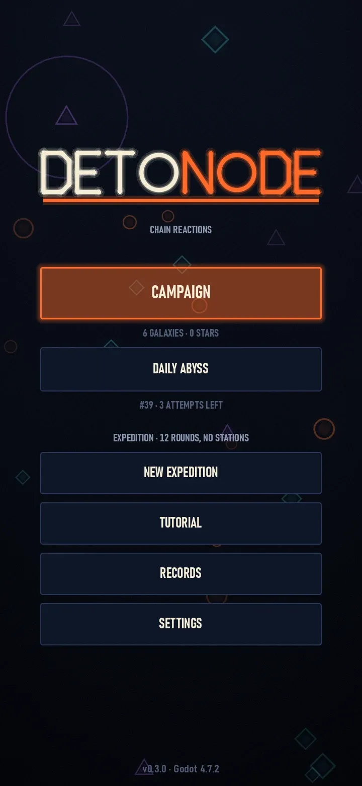 Detonode's main menu: Campaign, Daily Abyss, New Expedition