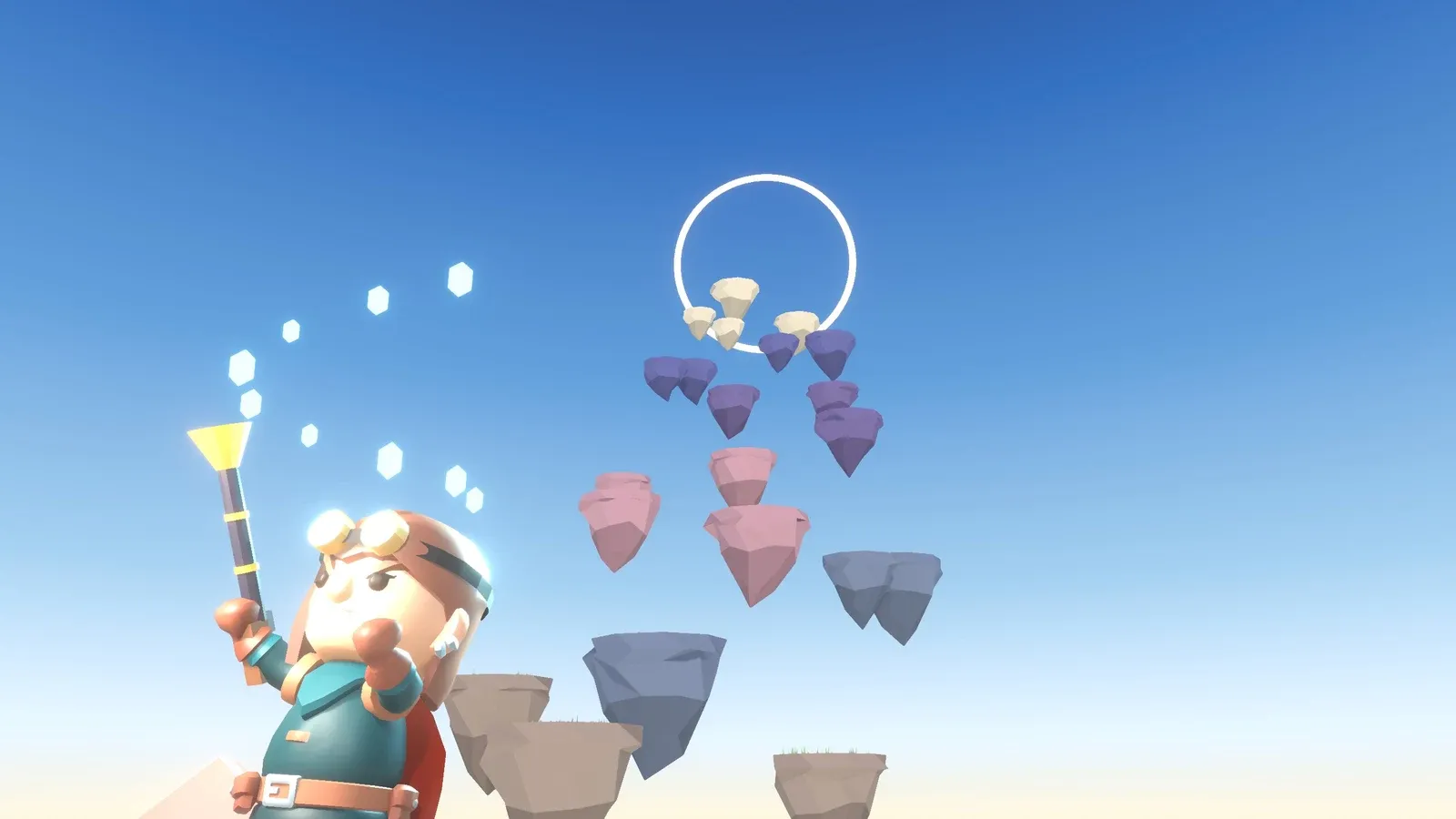 Arlo aiming his gun at the sky, floating islands rising above him