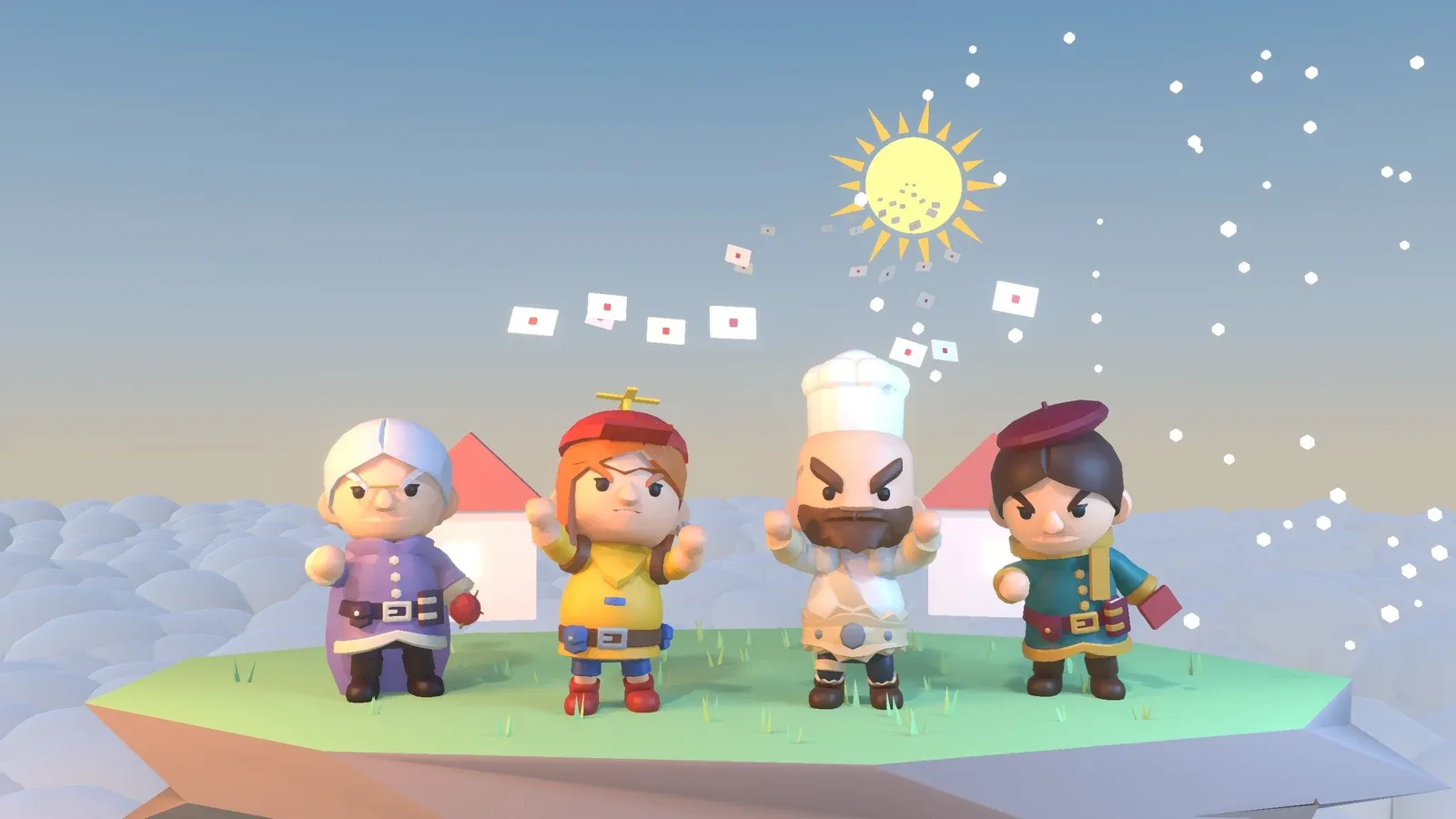 The villagers on their floating island, waving goodbye as the Sun leaves